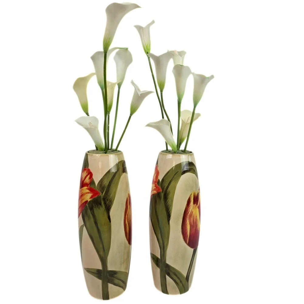 Carolina Pottery 80159 Ceramic Tulip Vases Pair Red Yellow Floral 12.5 Inch Tall